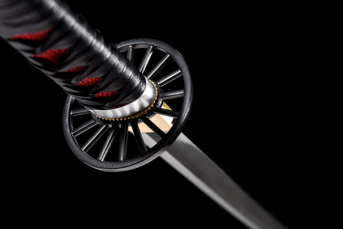Black-Blade Anime Katana — Black & Red Ito, Wheel Tsuba — studio photograph 8