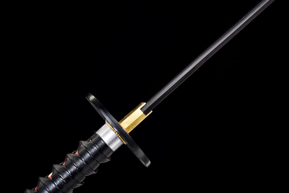 Black-Blade Anime Katana — Black & Red Ito, Wheel Tsuba — studio photograph 9