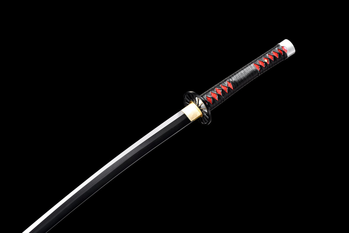 Black-Blade Anime Katana — Black & Red Ito, Wheel Tsuba — studio photograph 10