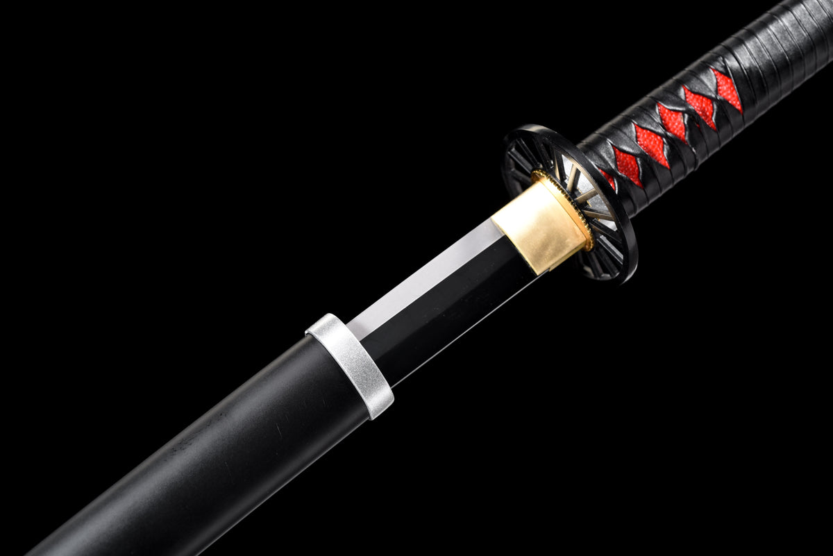 Black-Blade Anime Katana — Black & Red Ito, Wheel Tsuba — studio photograph 12