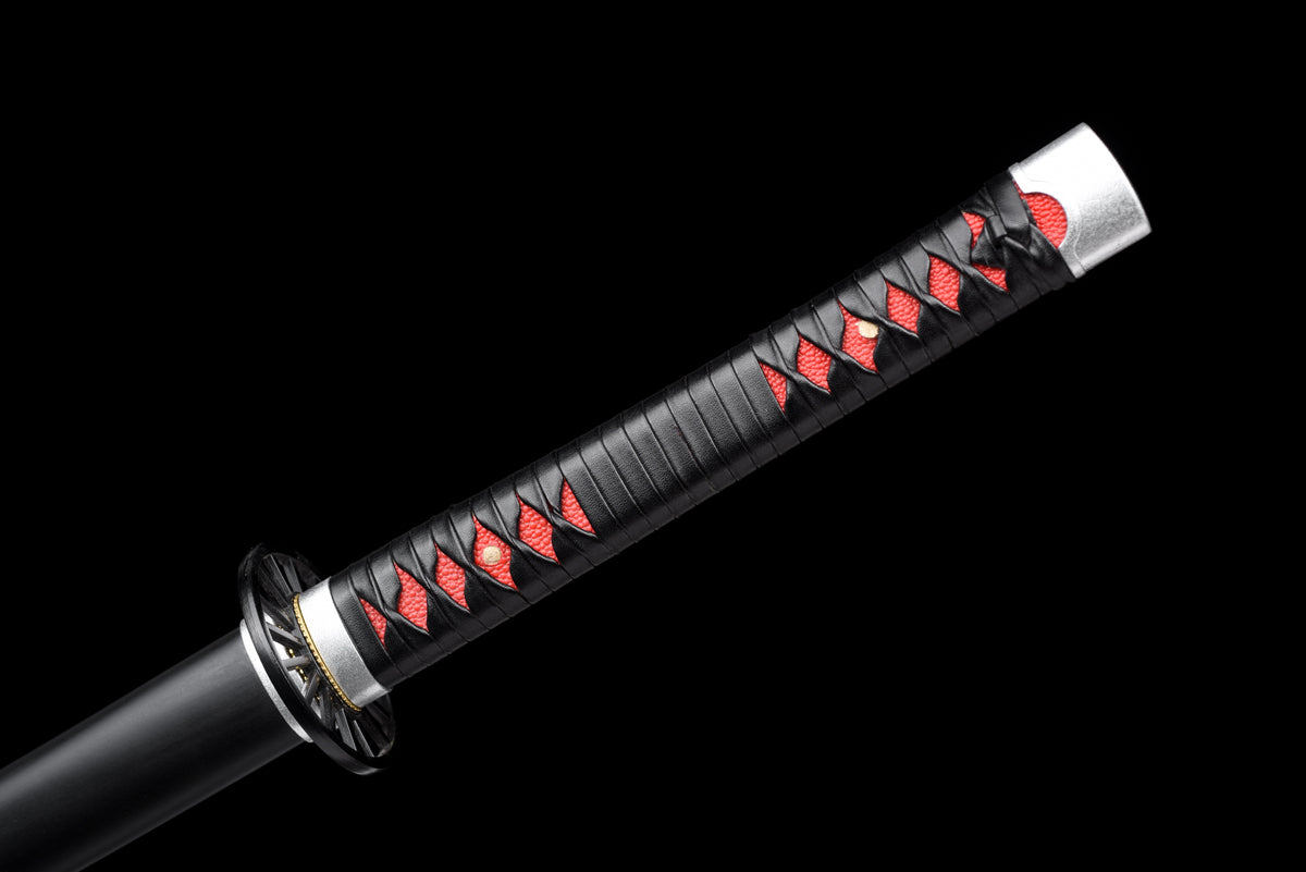 Black-Blade Anime Katana — Black & Red Ito, Wheel Tsuba — studio photograph 15