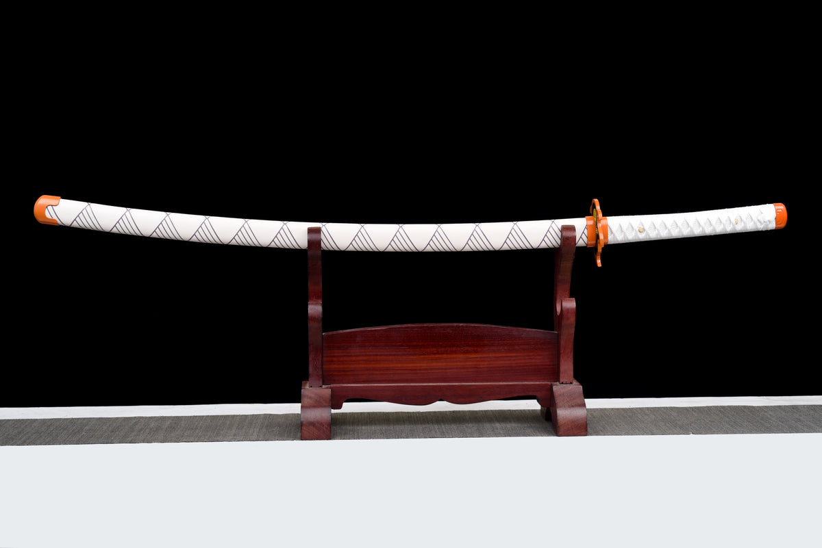 Flame-Blade Anime Katana — White Ito, Purple-Pattern Saya — studio photograph 1
