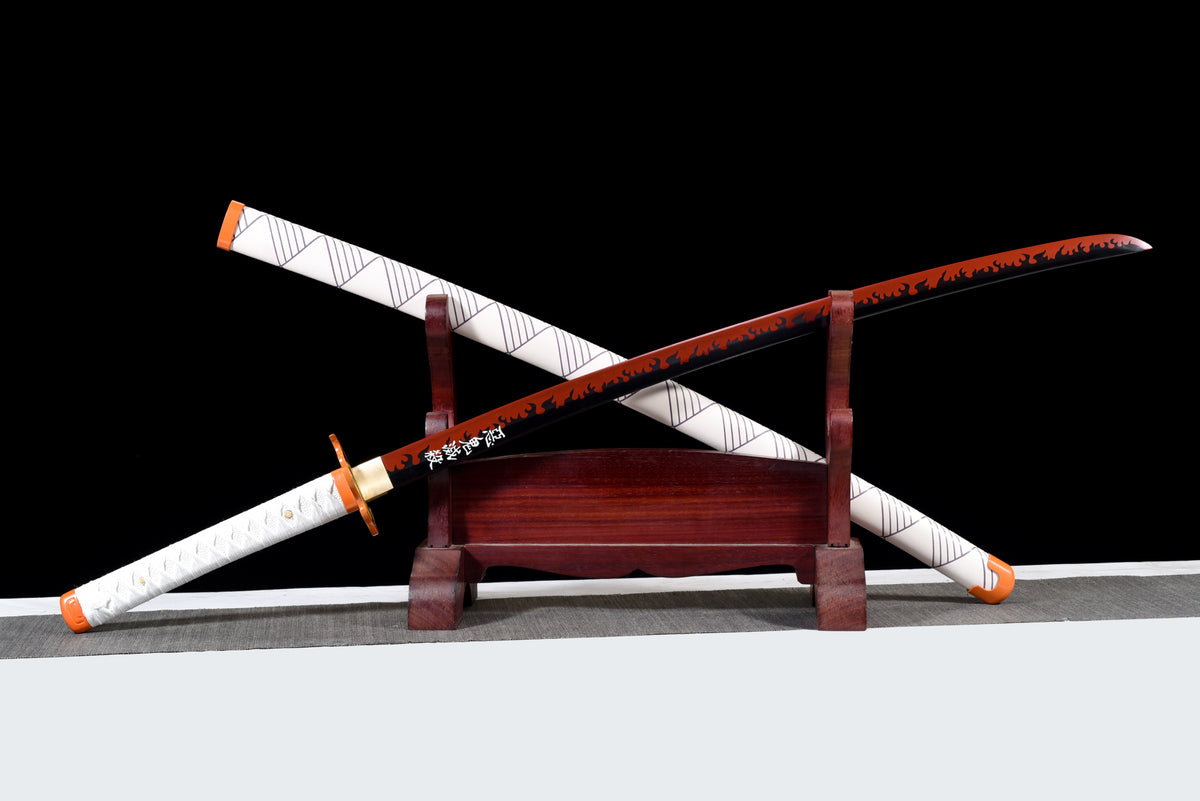 Flame-Blade Anime Katana — White Ito, Purple-Pattern Saya — studio photograph 2