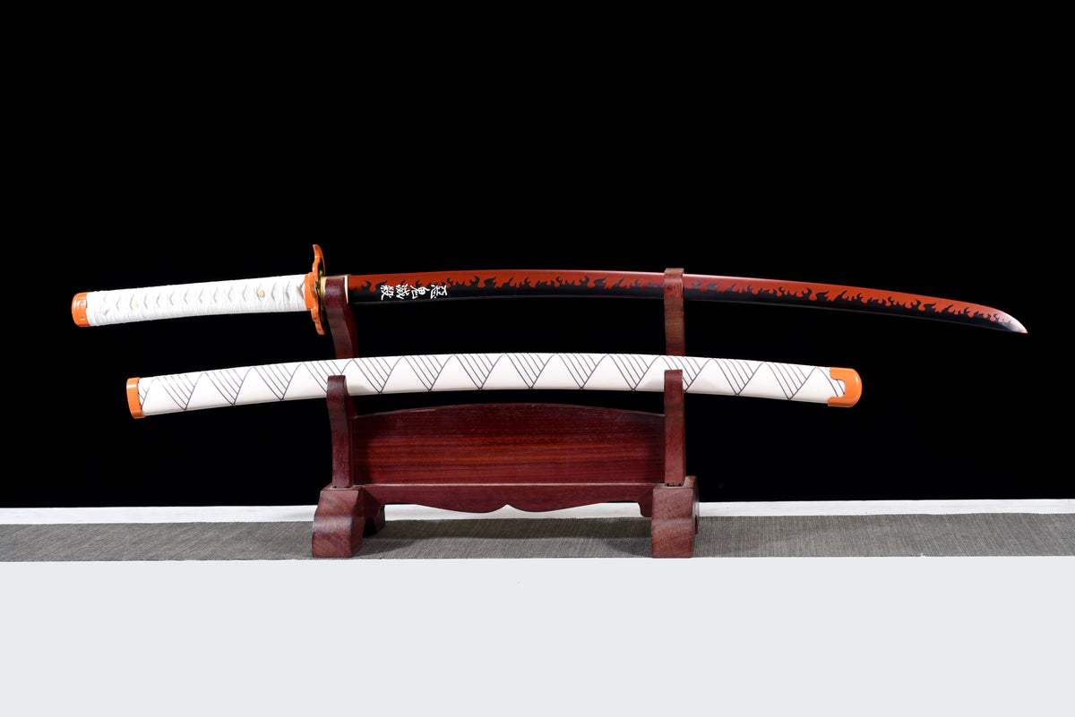 Flame-Blade Anime Katana — White Ito, Purple-Pattern Saya — studio photograph 3