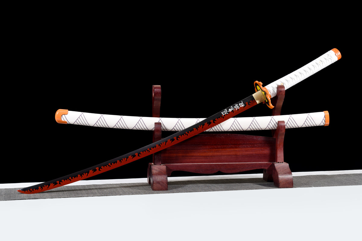 Flame-Blade Anime Katana — White Ito, Purple-Pattern Saya — studio photograph 4