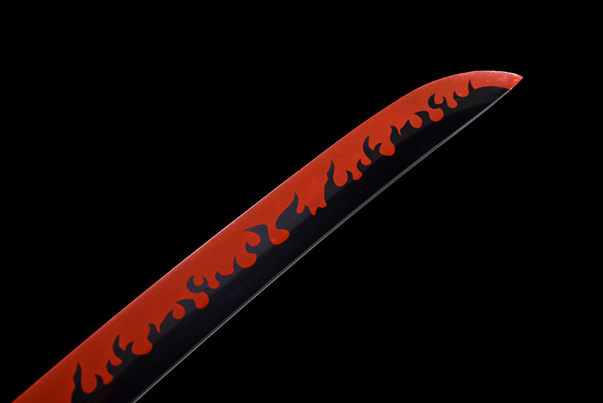 Flame-Blade Anime Katana — White Ito, Purple-Pattern Saya — studio photograph 5