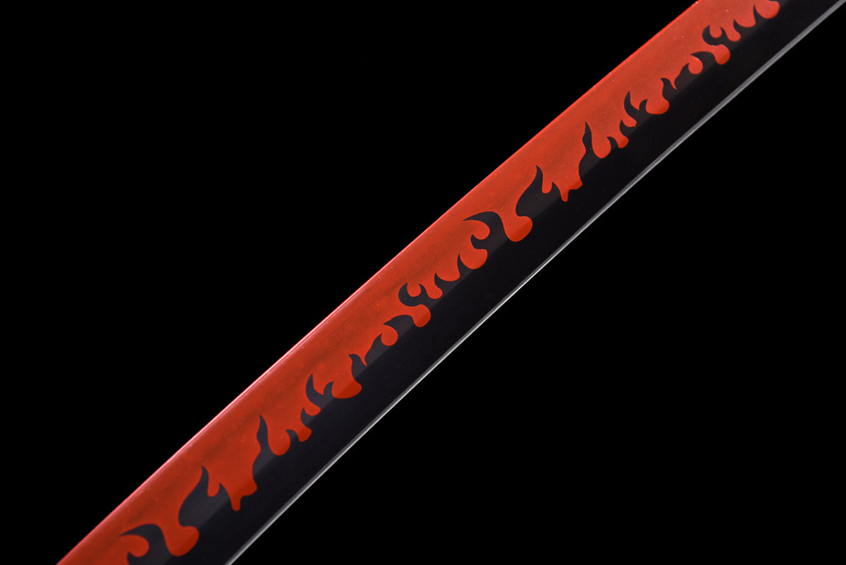 Flame-Blade Anime Katana — White Ito, Purple-Pattern Saya — studio photograph 6