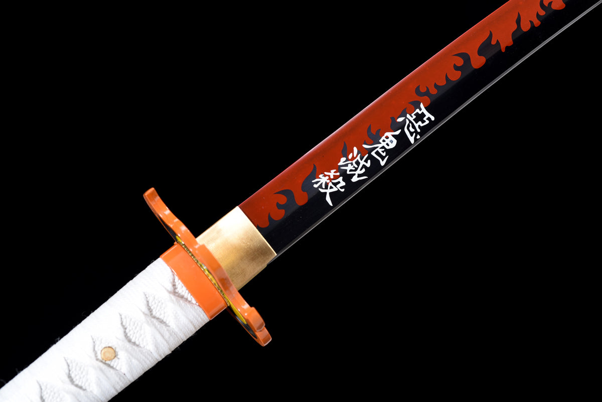 Flame-Blade Anime Katana — White Ito, Purple-Pattern Saya — studio photograph 7