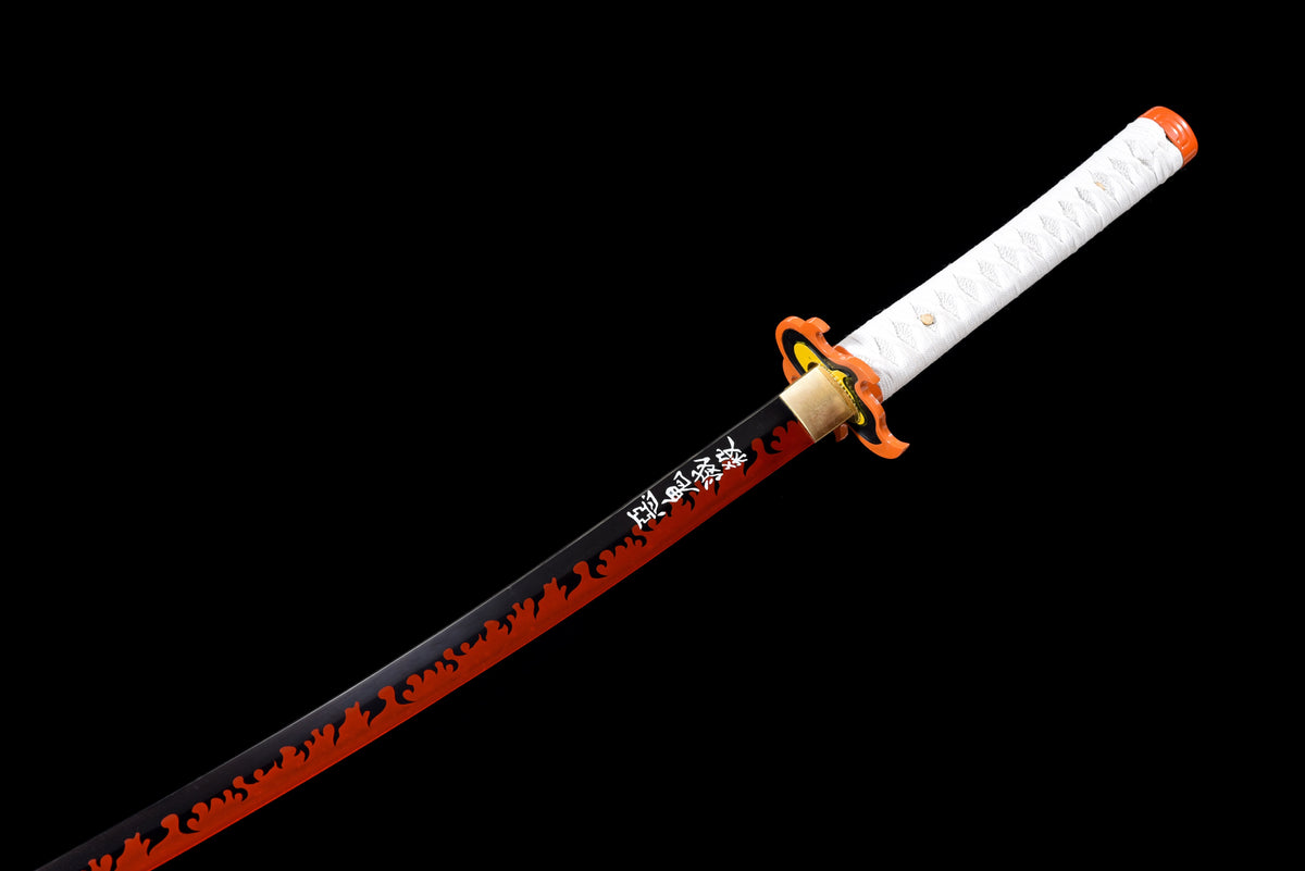 Flame-Blade Anime Katana — White Ito, Purple-Pattern Saya — studio photograph 8