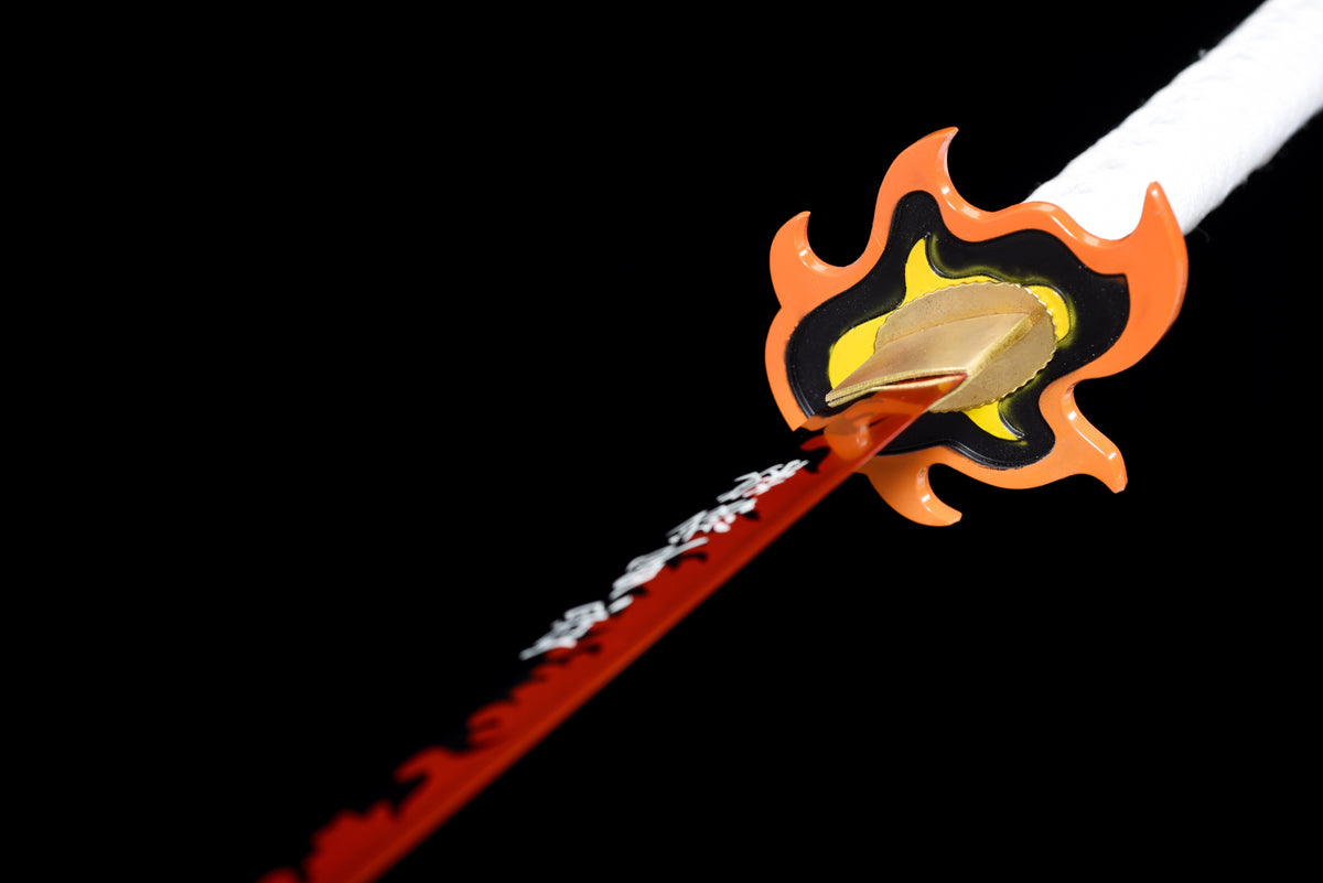 Flame-Blade Anime Katana — White Ito, Purple-Pattern Saya — studio photograph 9