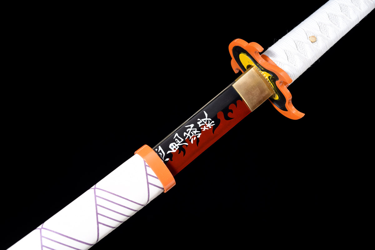 Flame-Blade Anime Katana — White Ito, Purple-Pattern Saya — studio photograph 10