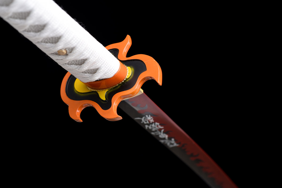 Flame-Blade Anime Katana — White Ito, Purple-Pattern Saya — studio photograph 11