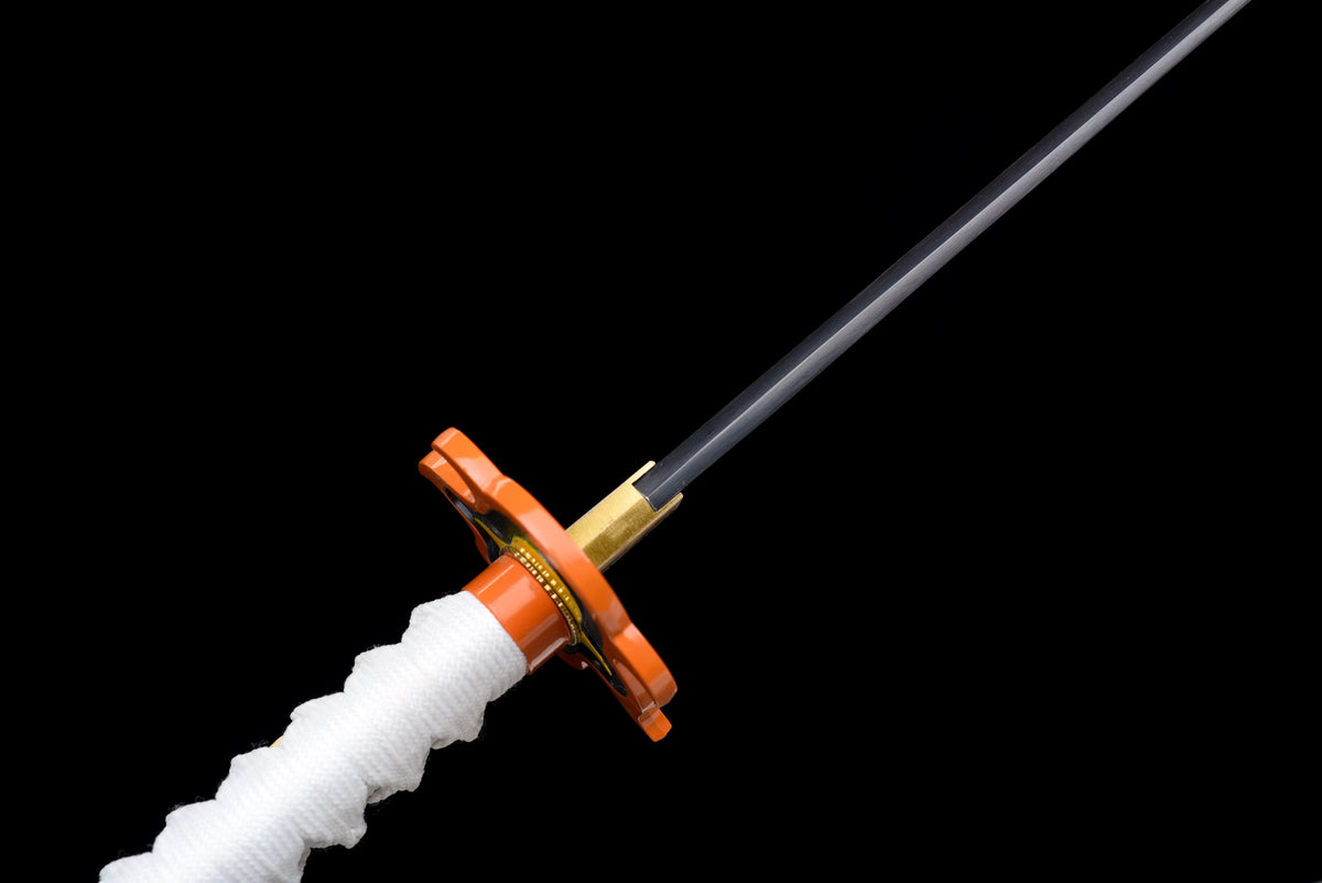 Flame-Blade Anime Katana — White Ito, Purple-Pattern Saya — studio photograph 12