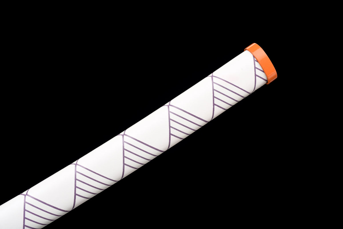 Flame-Blade Anime Katana — White Ito, Purple-Pattern Saya — studio photograph 13