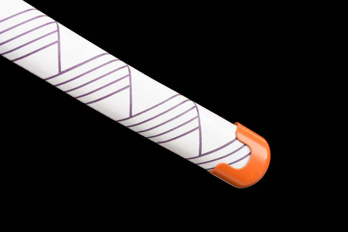 Flame-Blade Anime Katana — White Ito, Purple-Pattern Saya — studio photograph 14