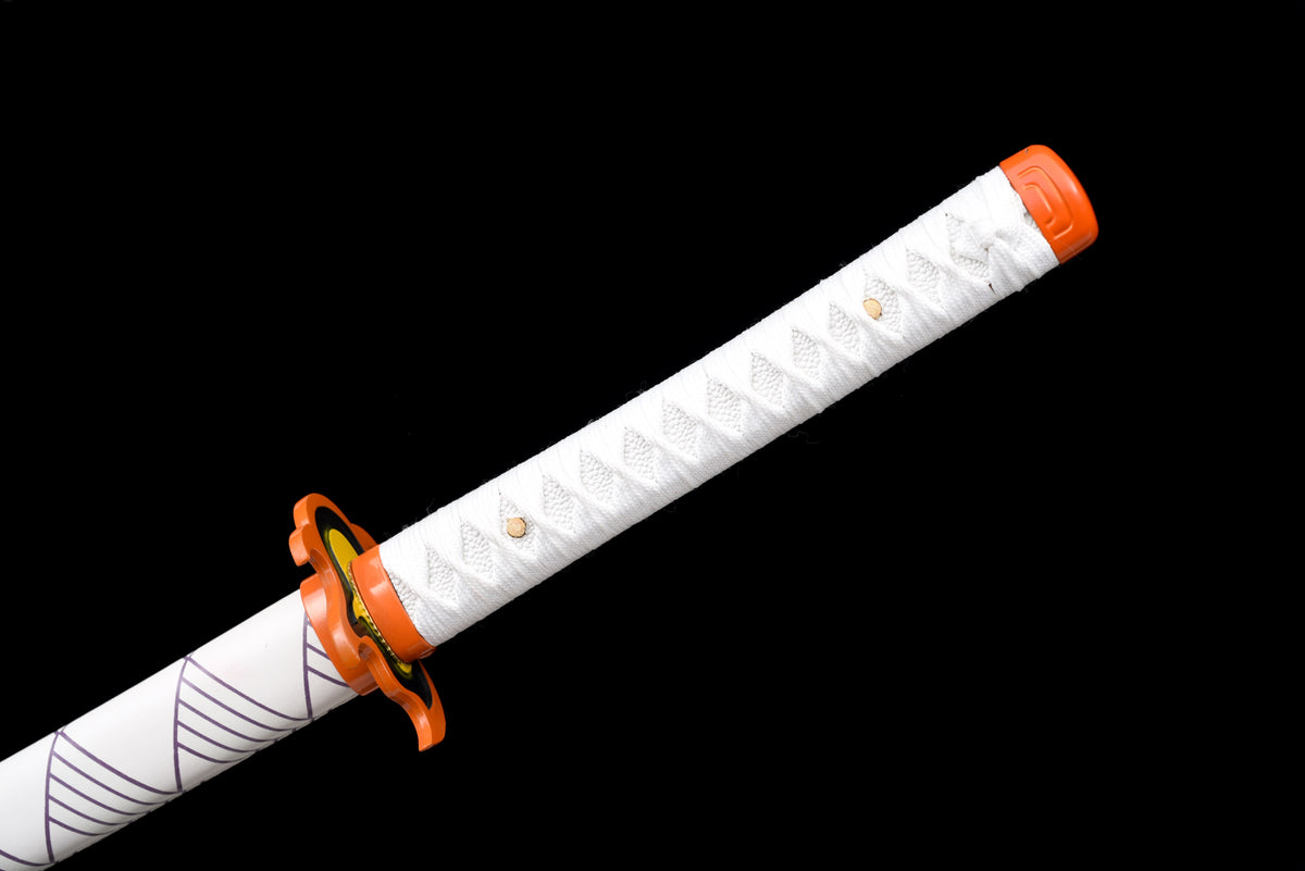 Flame-Blade Anime Katana — White Ito, Purple-Pattern Saya — studio photograph 15
