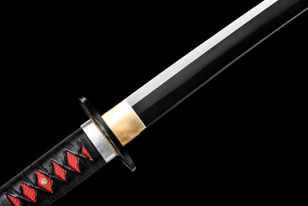 All-Black Anime Katana — Black & Red Ito, Chain Accent — studio photograph 1
