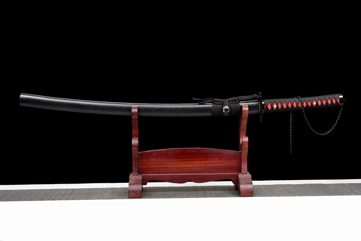 All-Black Anime Katana — Black & Red Ito, Chain Accent — studio photograph 3