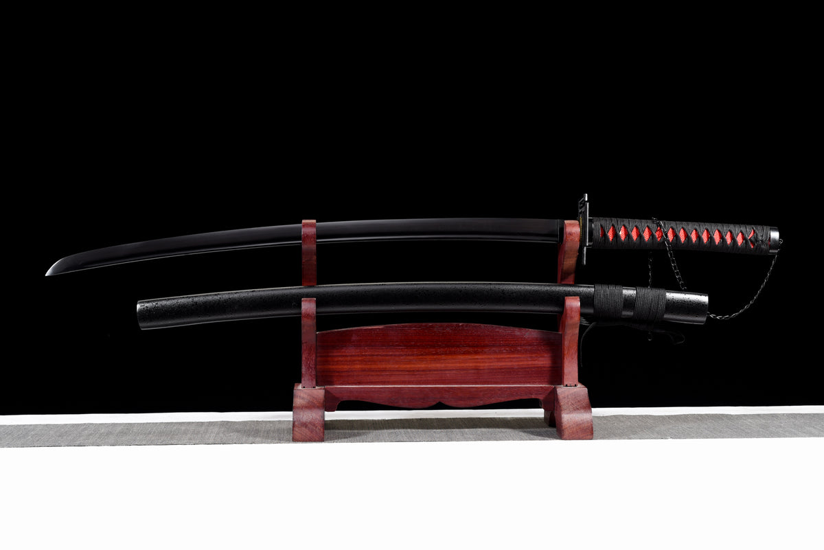 All-Black Anime Katana — Black & Red Ito, Chain Accent — studio photograph 4
