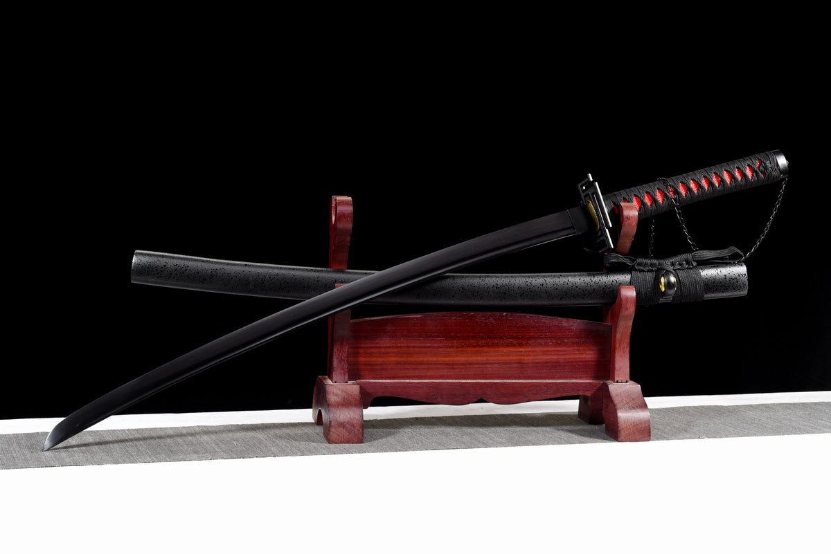All-Black Anime Katana — Black & Red Ito, Chain Accent — studio photograph 5