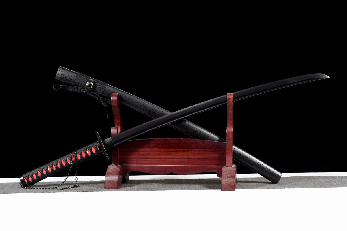 All-Black Anime Katana — Black & Red Ito, Chain Accent — studio photograph 6