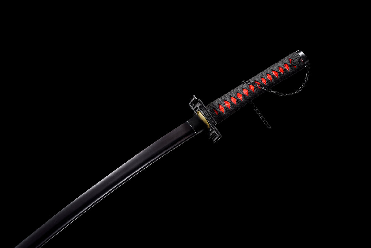 All-Black Anime Katana — Black & Red Ito, Chain Accent — studio photograph 9