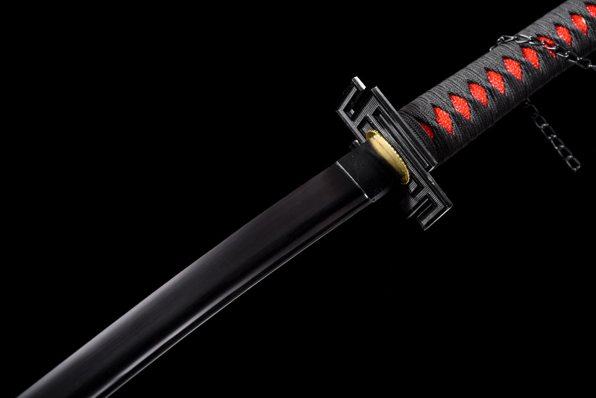 All-Black Anime Katana — Black & Red Ito, Chain Accent — studio photograph 10