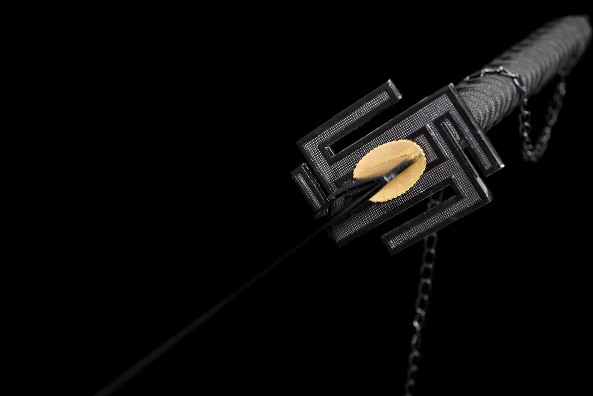 All-Black Anime Katana — Black & Red Ito, Chain Accent — studio photograph 11