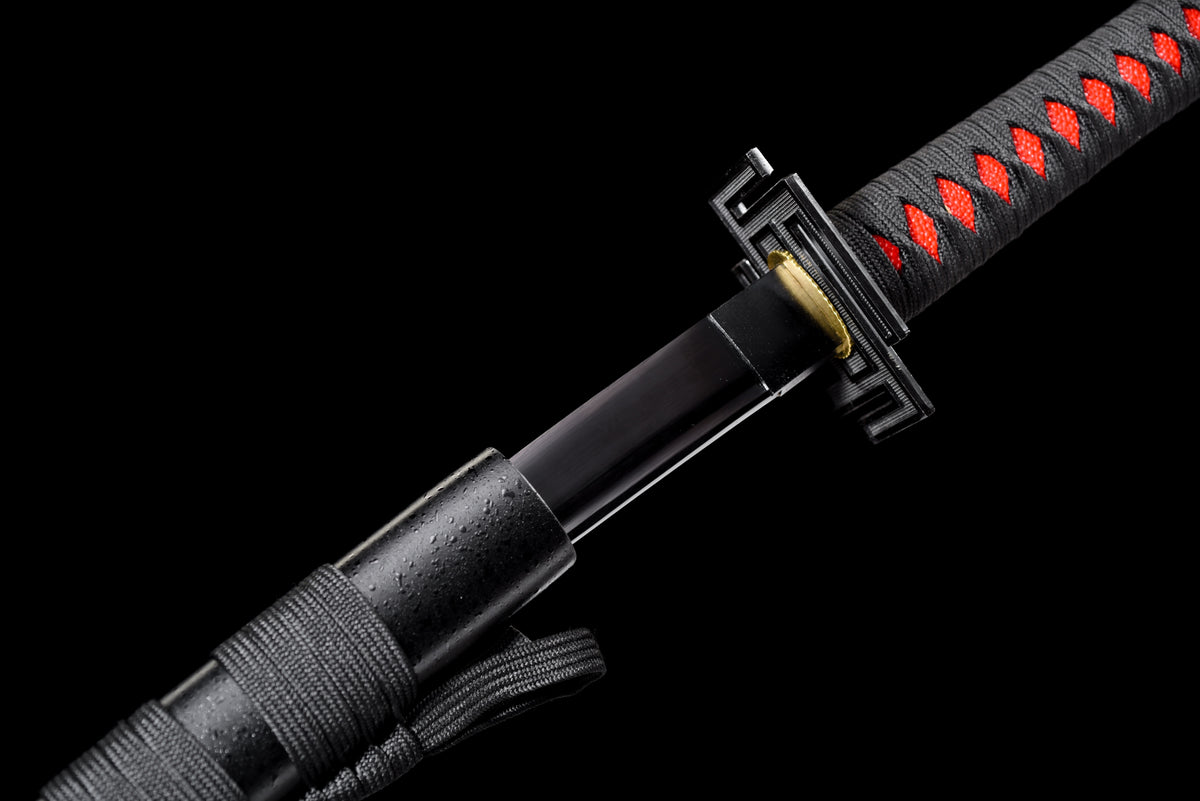 All-Black Anime Katana — Black & Red Ito, Chain Accent — studio photograph 12