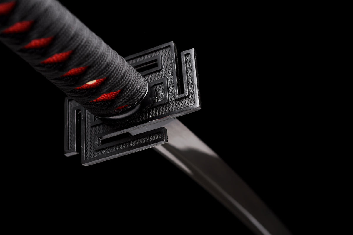All-Black Anime Katana — Black & Red Ito, Chain Accent — studio photograph 13