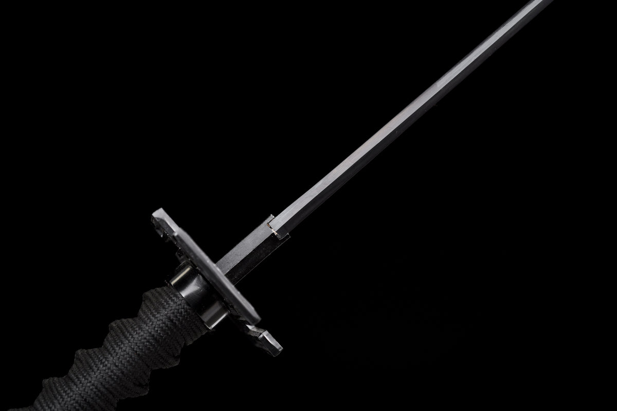 All-Black Anime Katana — Black & Red Ito, Chain Accent — studio photograph 14