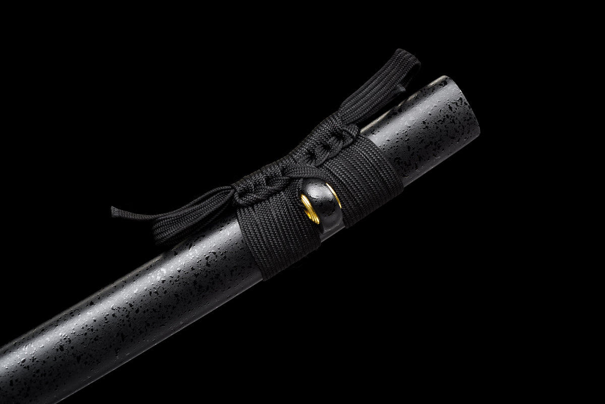 All-Black Anime Katana — Black & Red Ito, Chain Accent — studio photograph 15