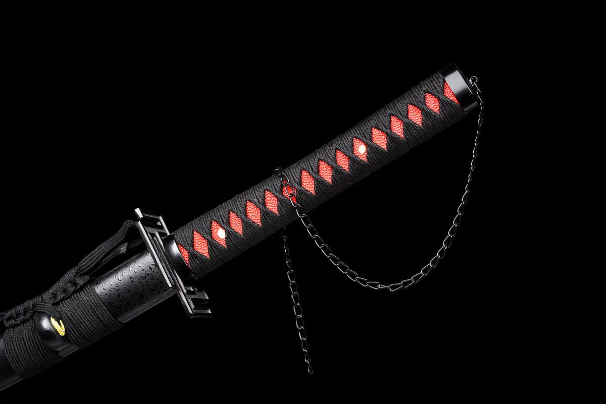 All-Black Anime Katana — Black & Red Ito, Chain Accent — studio photograph 17