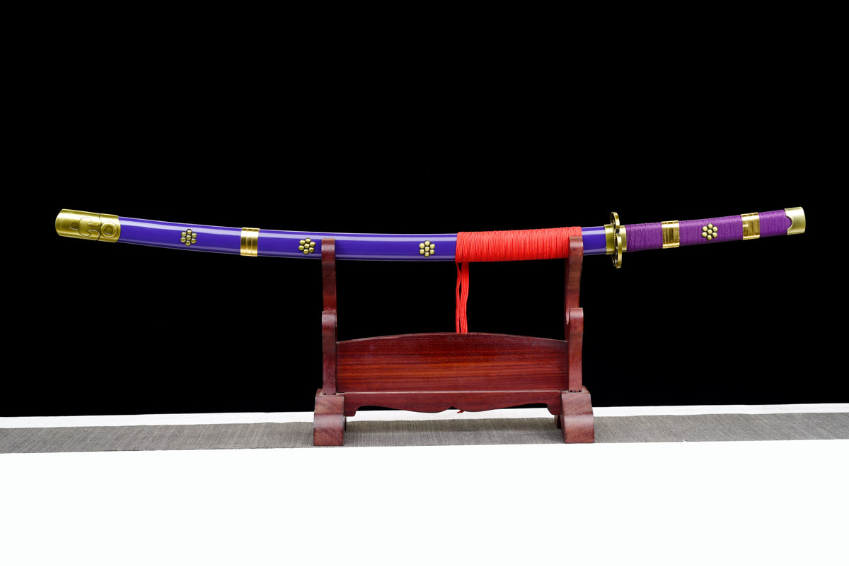 Purple-Flame Anime Katana — Purple Ito, Gold-Trim Saya — studio photograph 1