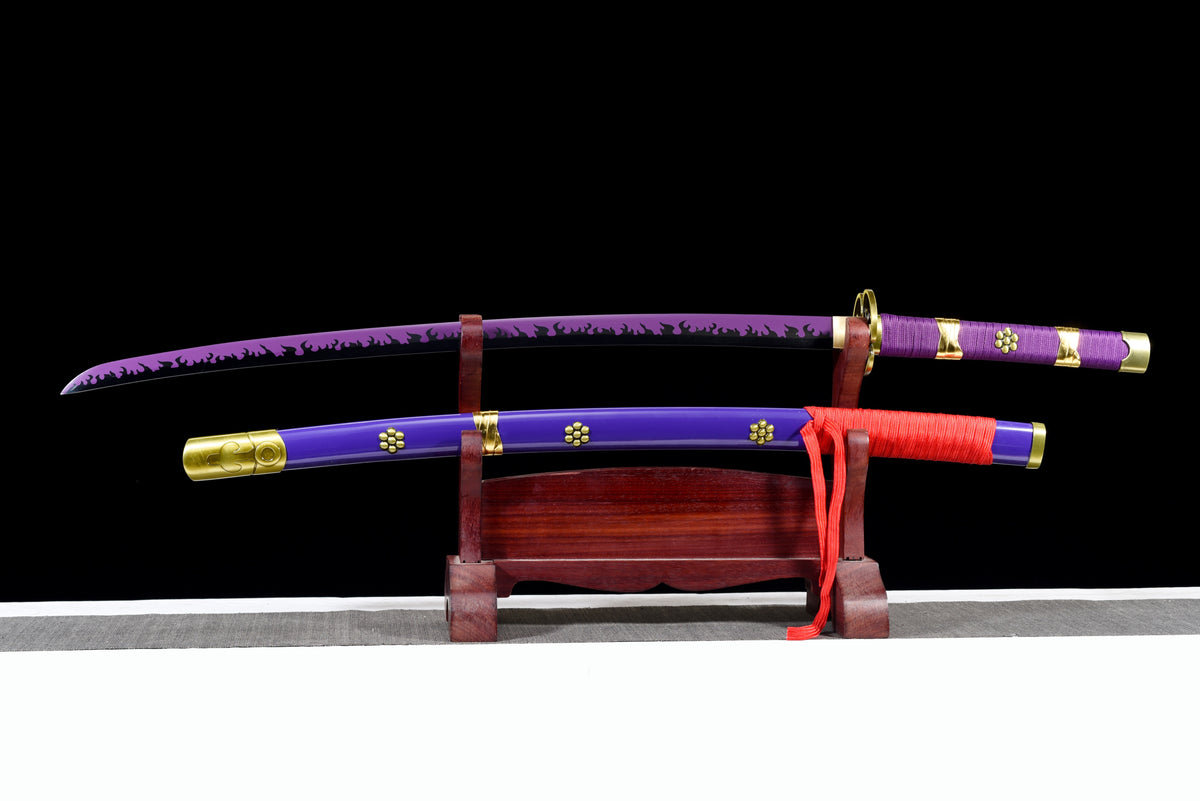 Purple-Flame Anime Katana — Purple Ito, Gold-Trim Saya — studio photograph 2