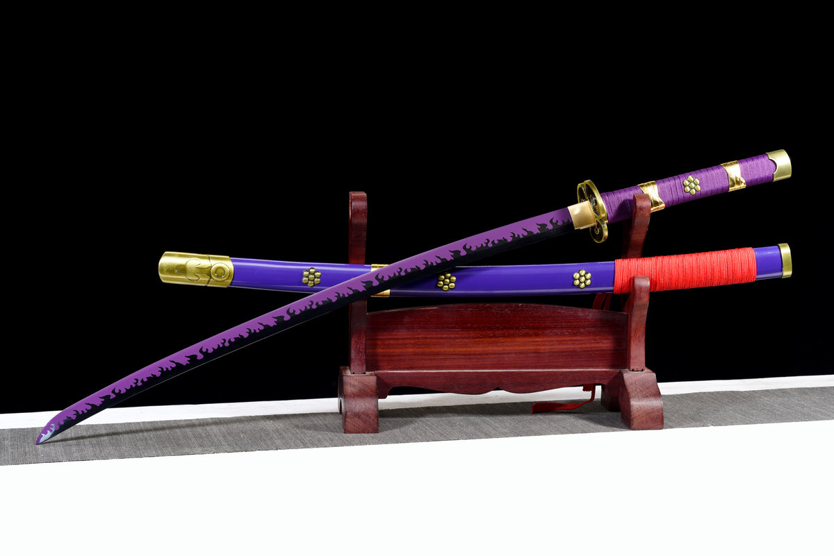 Purple-Flame Anime Katana — Purple Ito, Gold-Trim Saya — studio photograph 3