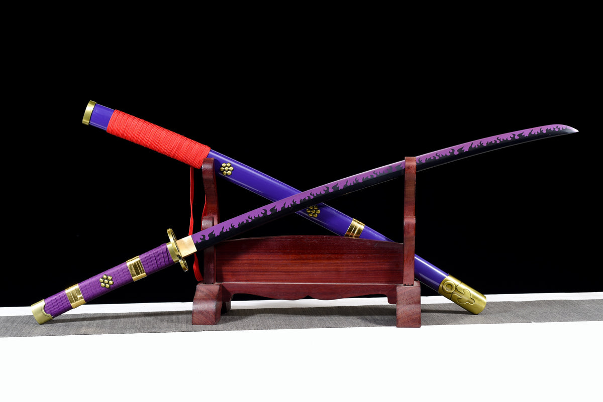 Purple-Flame Anime Katana — Purple Ito, Gold-Trim Saya — studio photograph 4