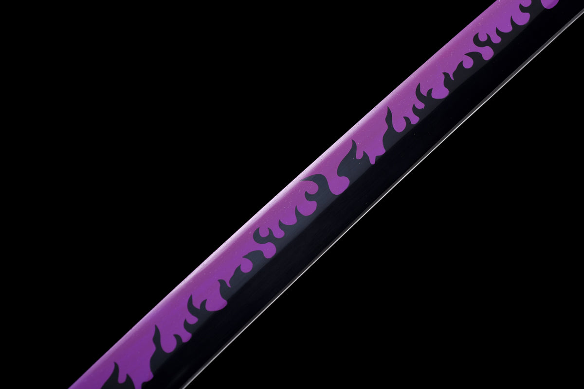 Purple-Flame Anime Katana — Purple Ito, Gold-Trim Saya — studio photograph 6
