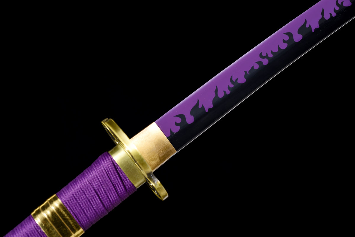 Purple-Flame Anime Katana — Purple Ito, Gold-Trim Saya — studio photograph 7