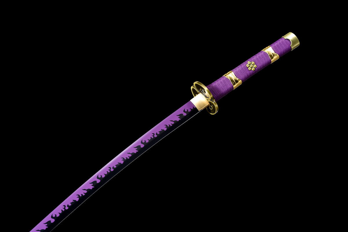Purple-Flame Anime Katana — Purple Ito, Gold-Trim Saya — studio photograph 8