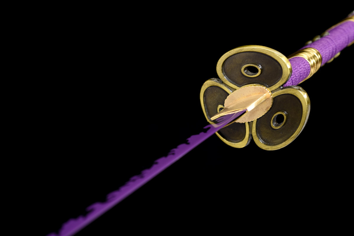 Purple-Flame Anime Katana — Purple Ito, Gold-Trim Saya — studio photograph 9
