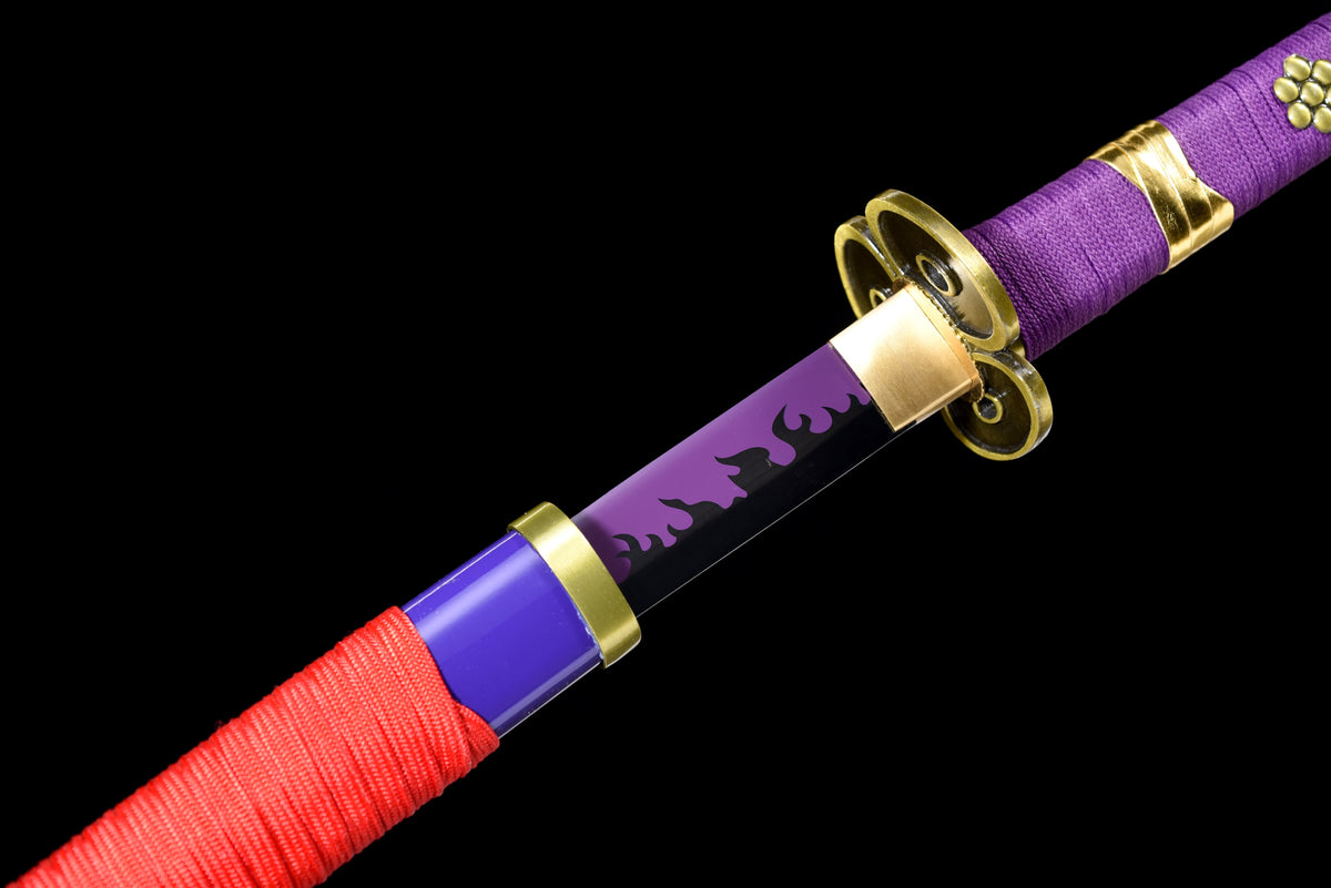 Purple-Flame Anime Katana — Purple Ito, Gold-Trim Saya — studio photograph 10