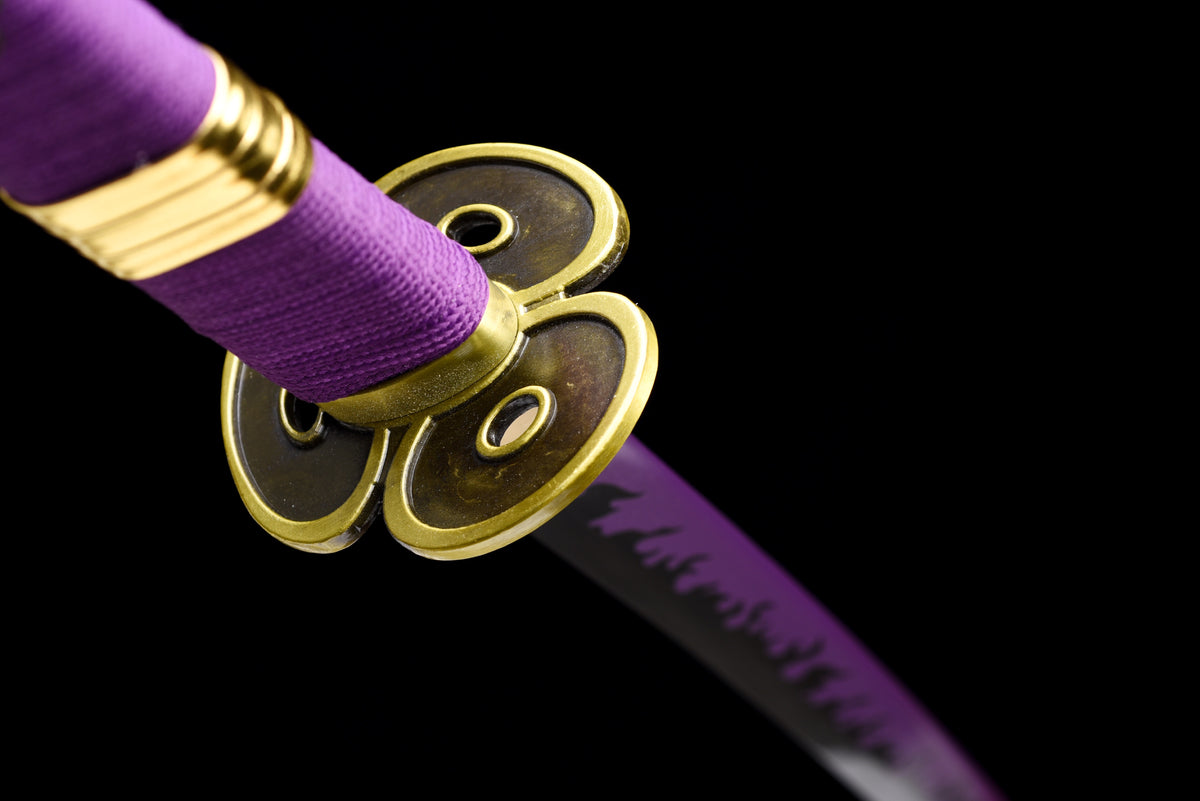 Purple-Flame Anime Katana — Purple Ito, Gold-Trim Saya — studio photograph 11