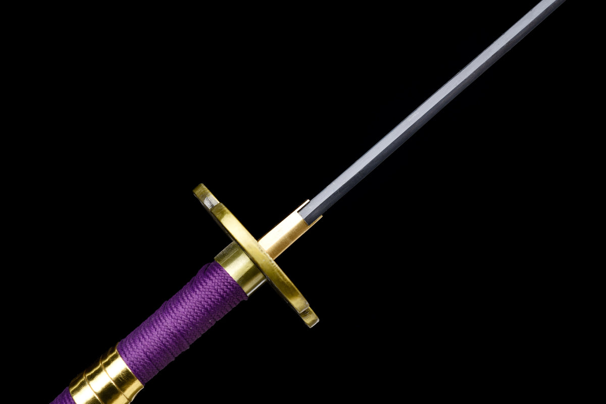 Purple-Flame Anime Katana — Purple Ito, Gold-Trim Saya — studio photograph 12