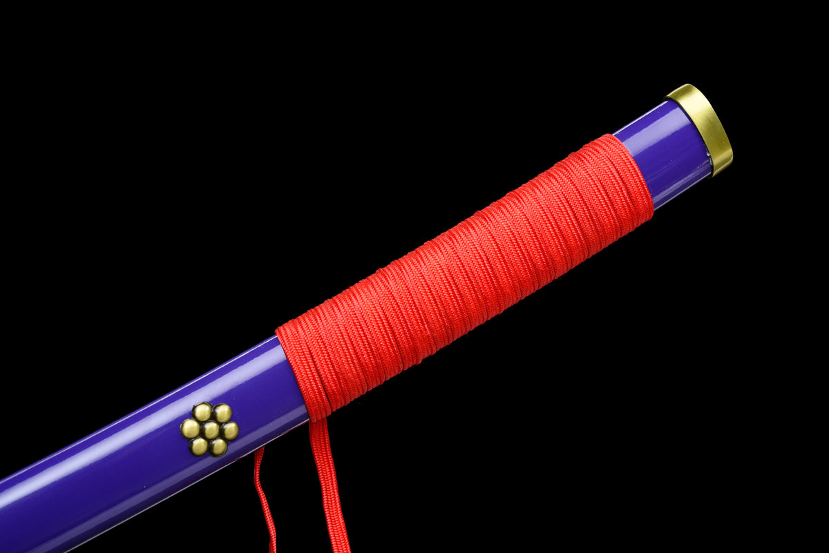 Purple-Flame Anime Katana — Purple Ito, Gold-Trim Saya — studio photograph 13