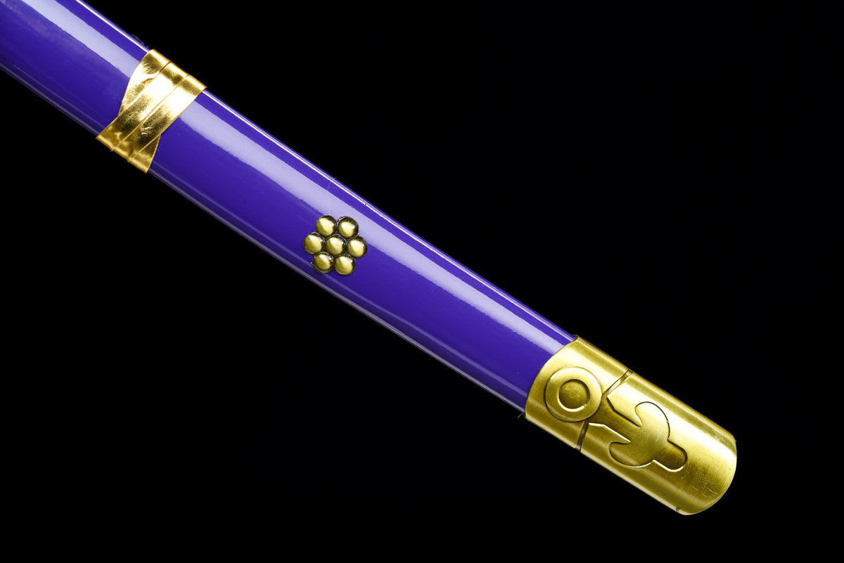 Purple-Flame Anime Katana — Purple Ito, Gold-Trim Saya — studio photograph 14