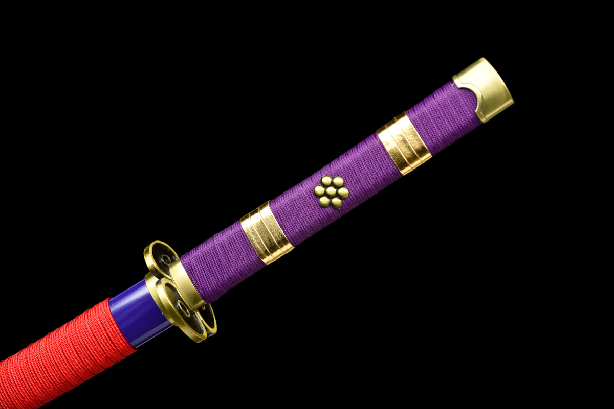 Purple-Flame Anime Katana — Purple Ito, Gold-Trim Saya — studio photograph 15