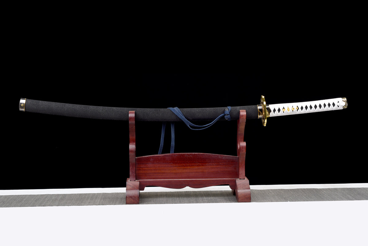 Wave-Blade Anime Katana — White Ito, Blue Sageo, Gold Tsuba — studio photograph 1