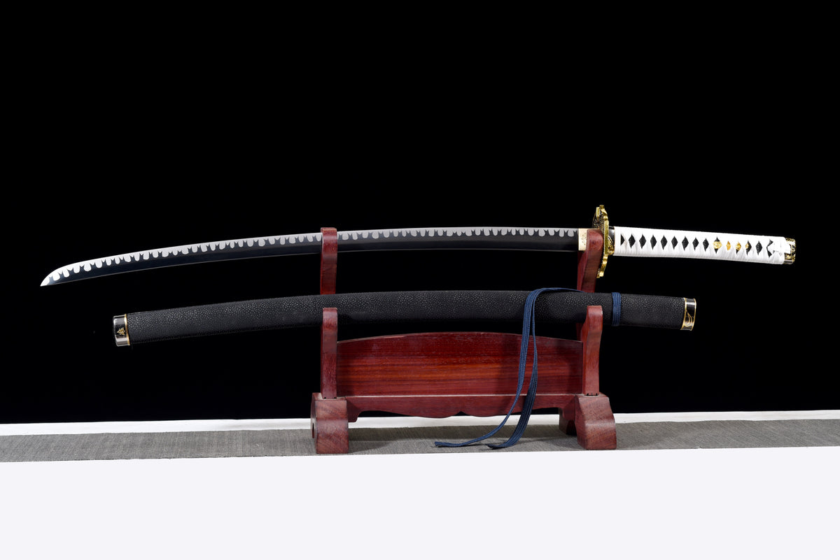 Wave-Blade Anime Katana — White Ito, Blue Sageo, Gold Tsuba — studio photograph 2