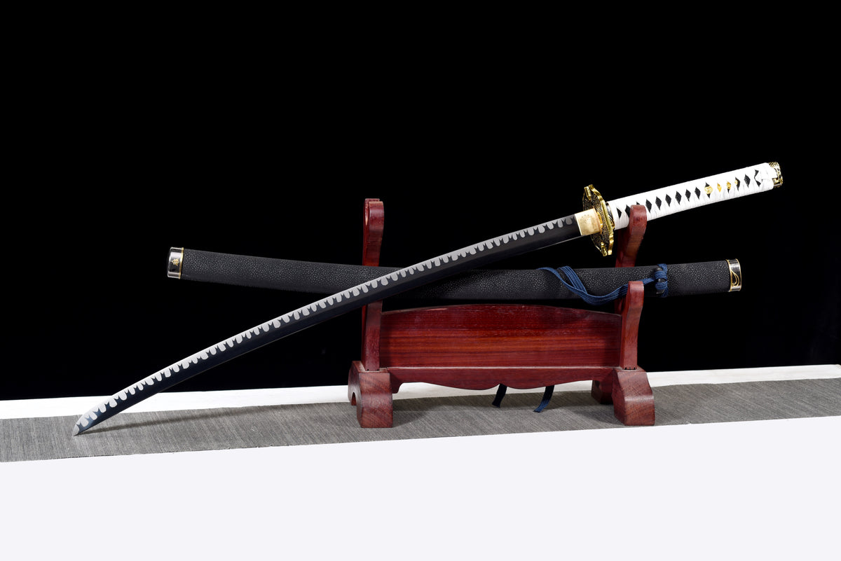 Wave-Blade Anime Katana — White Ito, Blue Sageo, Gold Tsuba — studio photograph 3